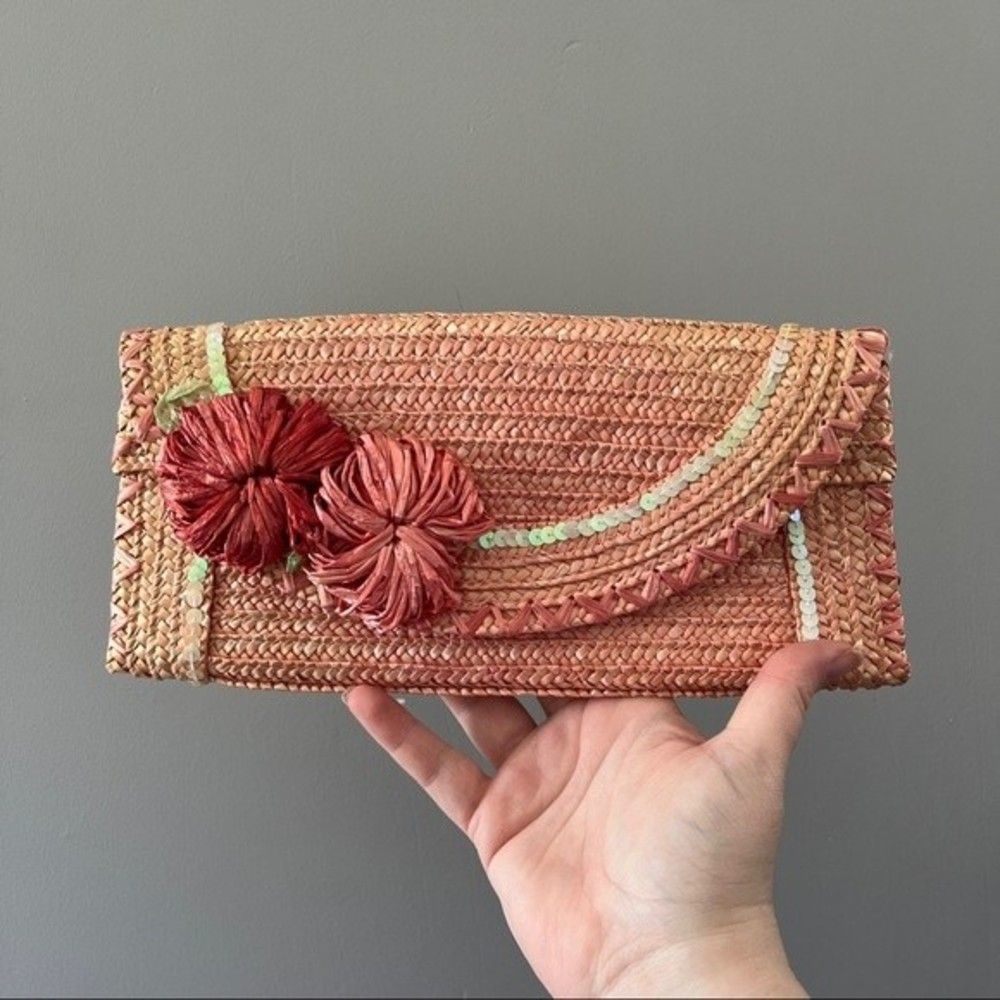 Vintage Felix Rey New York Pink Straw Clutch Floral Embroidered